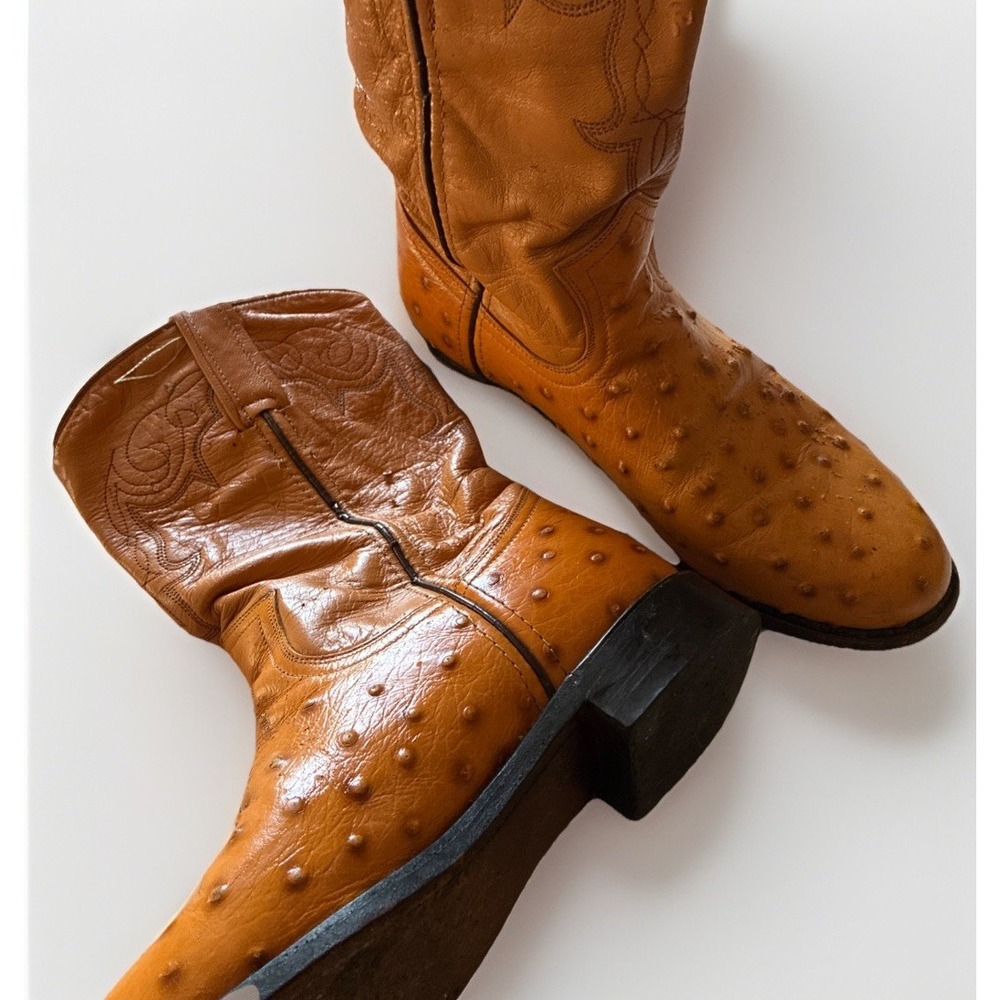 VTG Ben Miller Full Quill Ostrich Cowboy Boots Cognac Tan Western Women Sz 6.5B